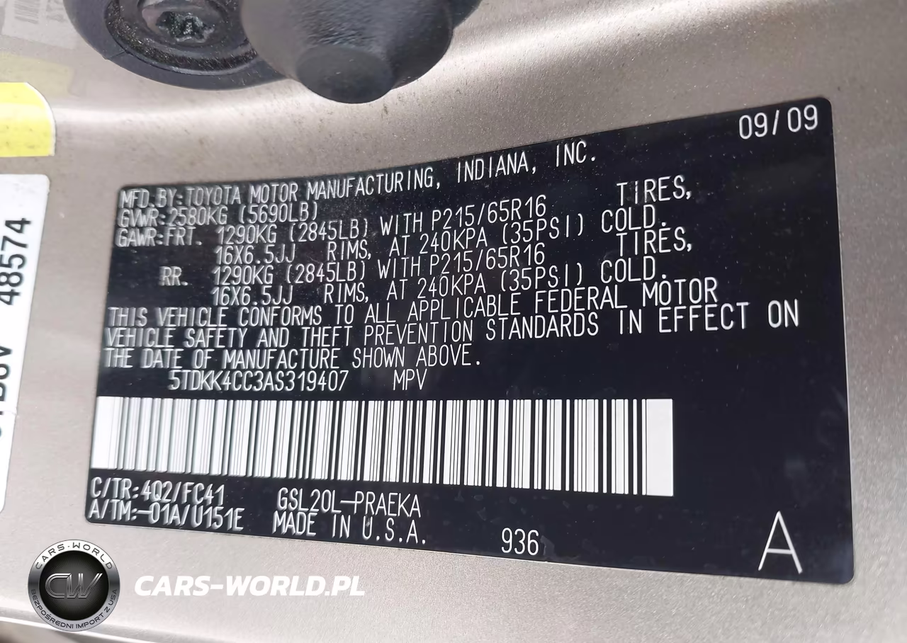 2010 Toyota Sienna Le VIN:5TDKK4CC3AS319407 - 9