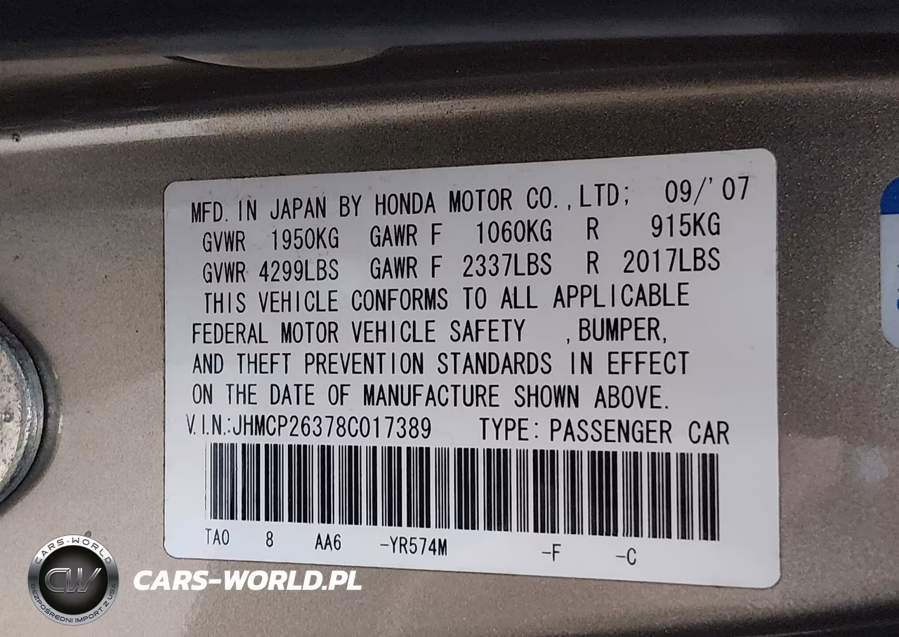 2008 Honda Accord 2.4 Lx VIN:JHMCP26378C017389 - 9