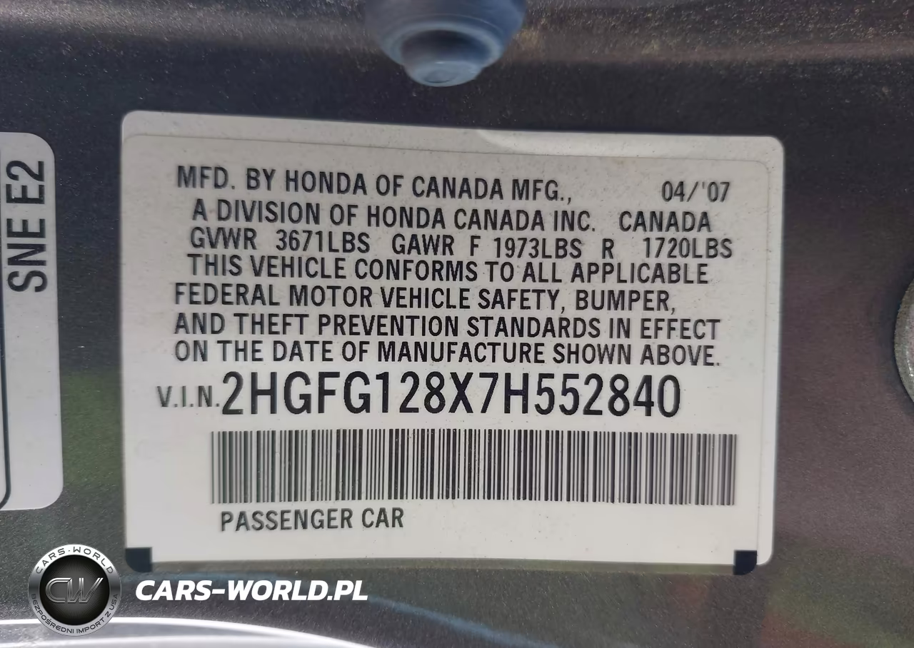 2007 Honda Civic Ex VIN:2HGFG128X7H552840 - 9