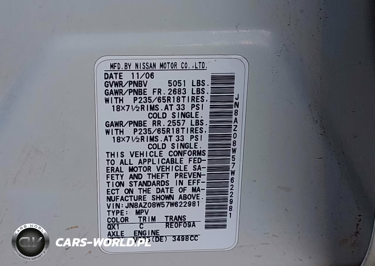 2007 Nissan Murano S VIN:JN8AZ08W57W622981 - 9