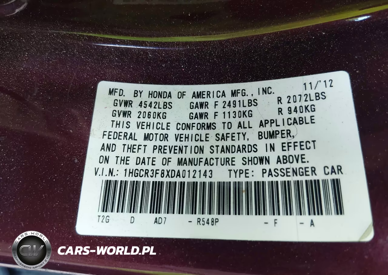 2013 Honda Accord Ex-L V-6 VIN:1HGCR3F8XDA012143 - 9
