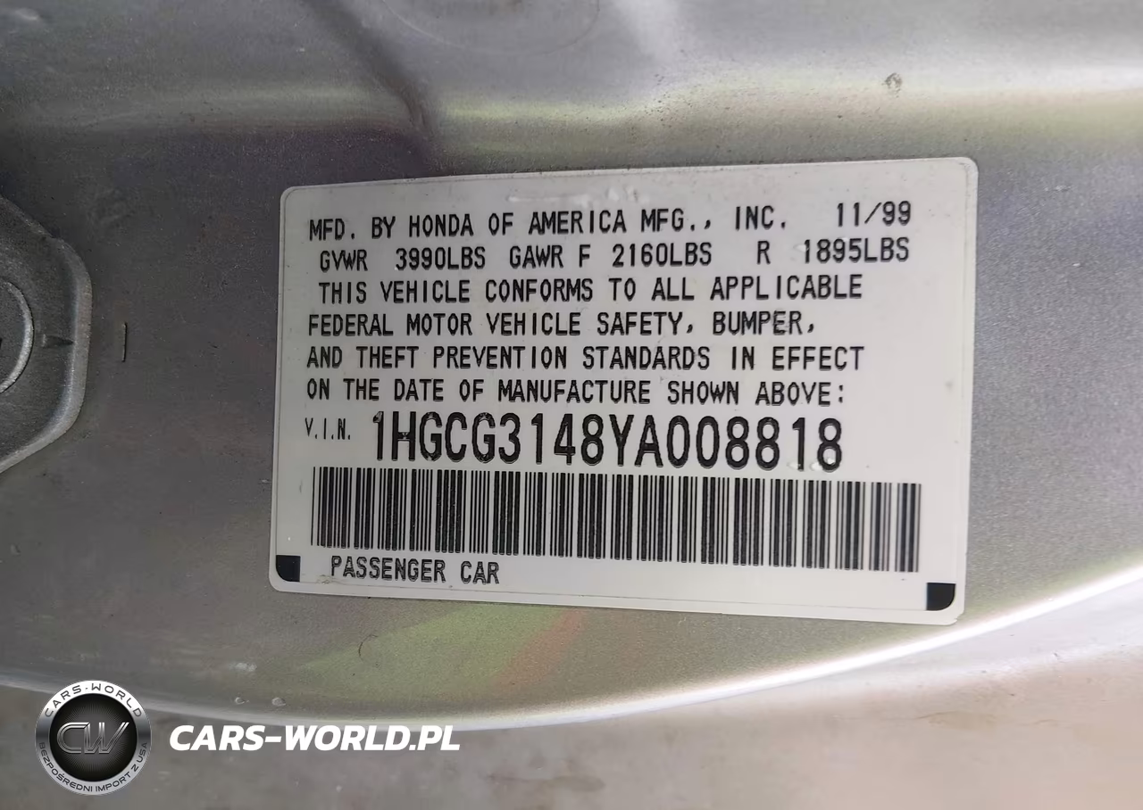 2000 Honda Accord 2.3 Lx VIN:1HGCG3148YA008818 - 9