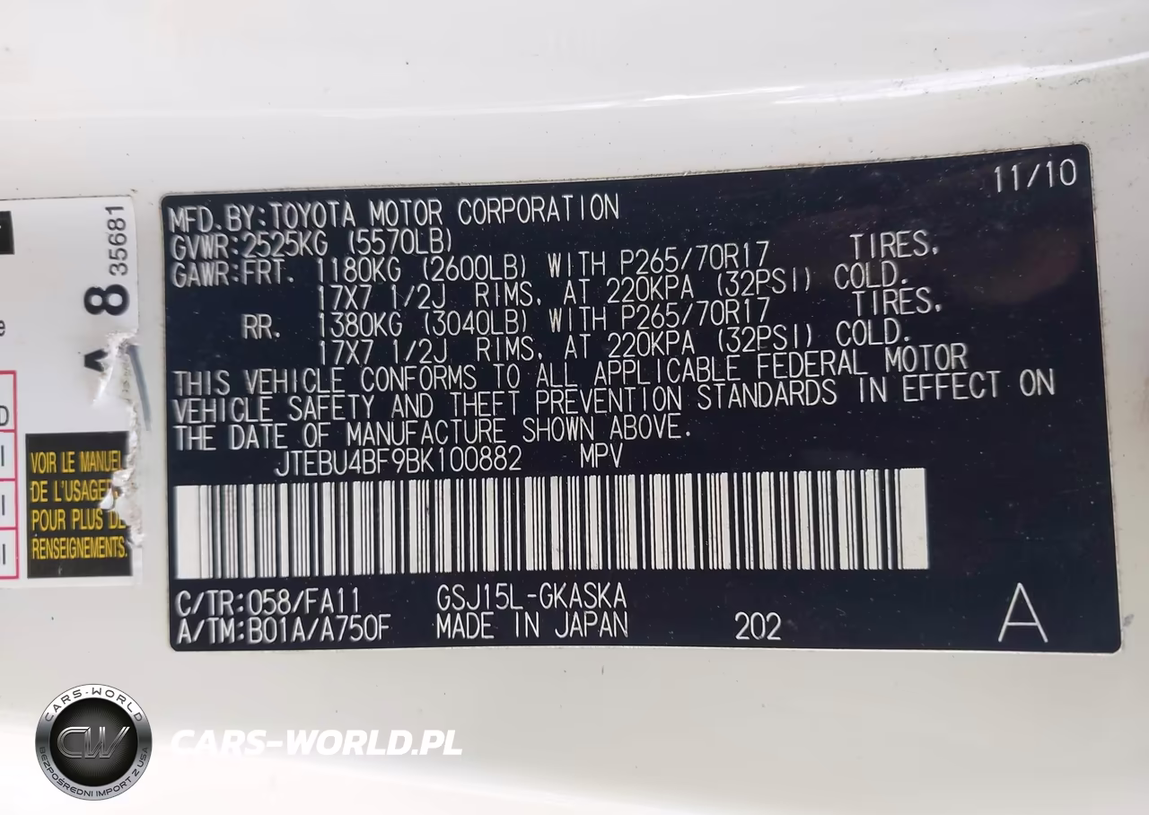 2011 Toyota Fj Cruiser VIN:JTEBU4BF9BK100882 - 9