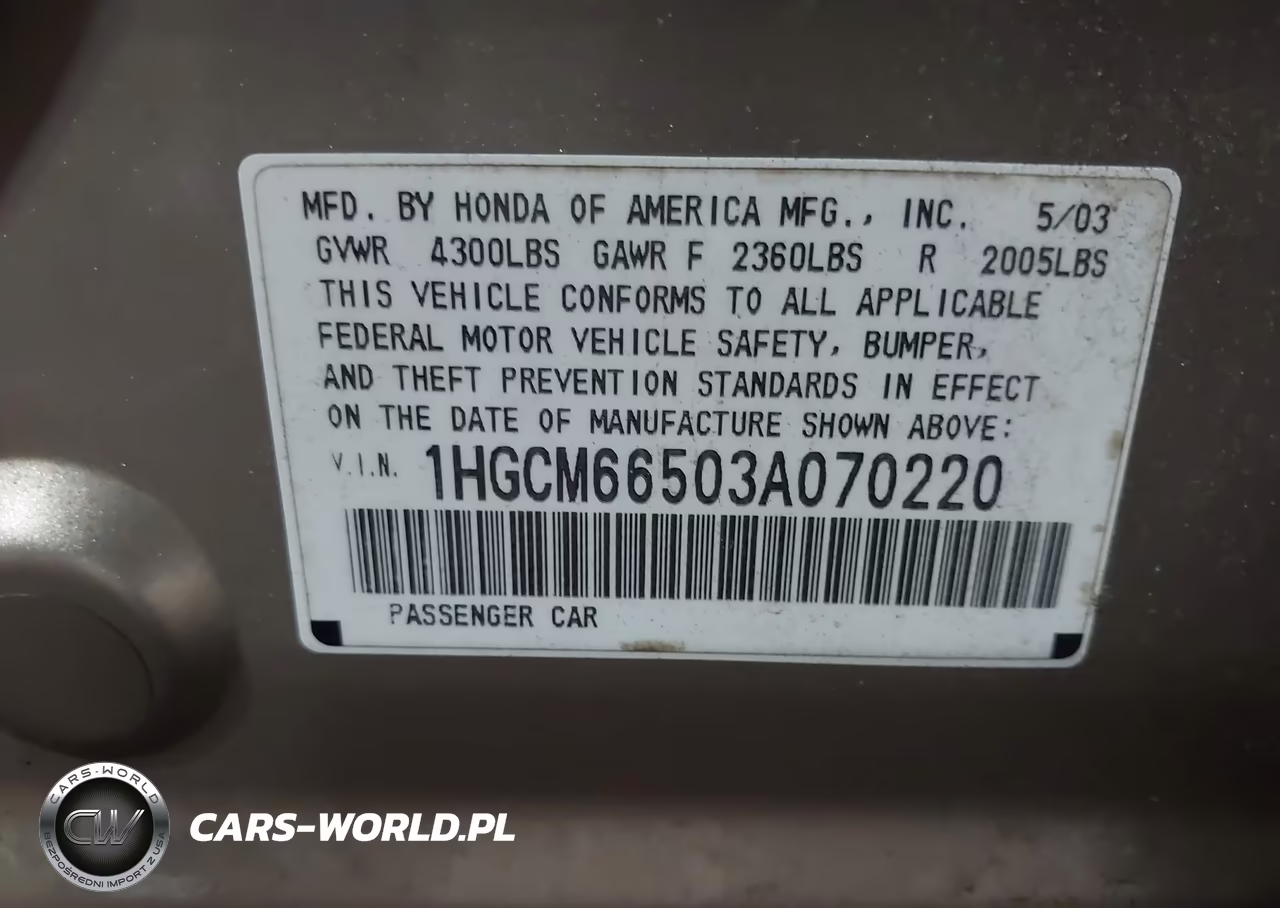 2003 Honda Accord 3.0 Ex VIN:1HGCM66503A070220 - 9
