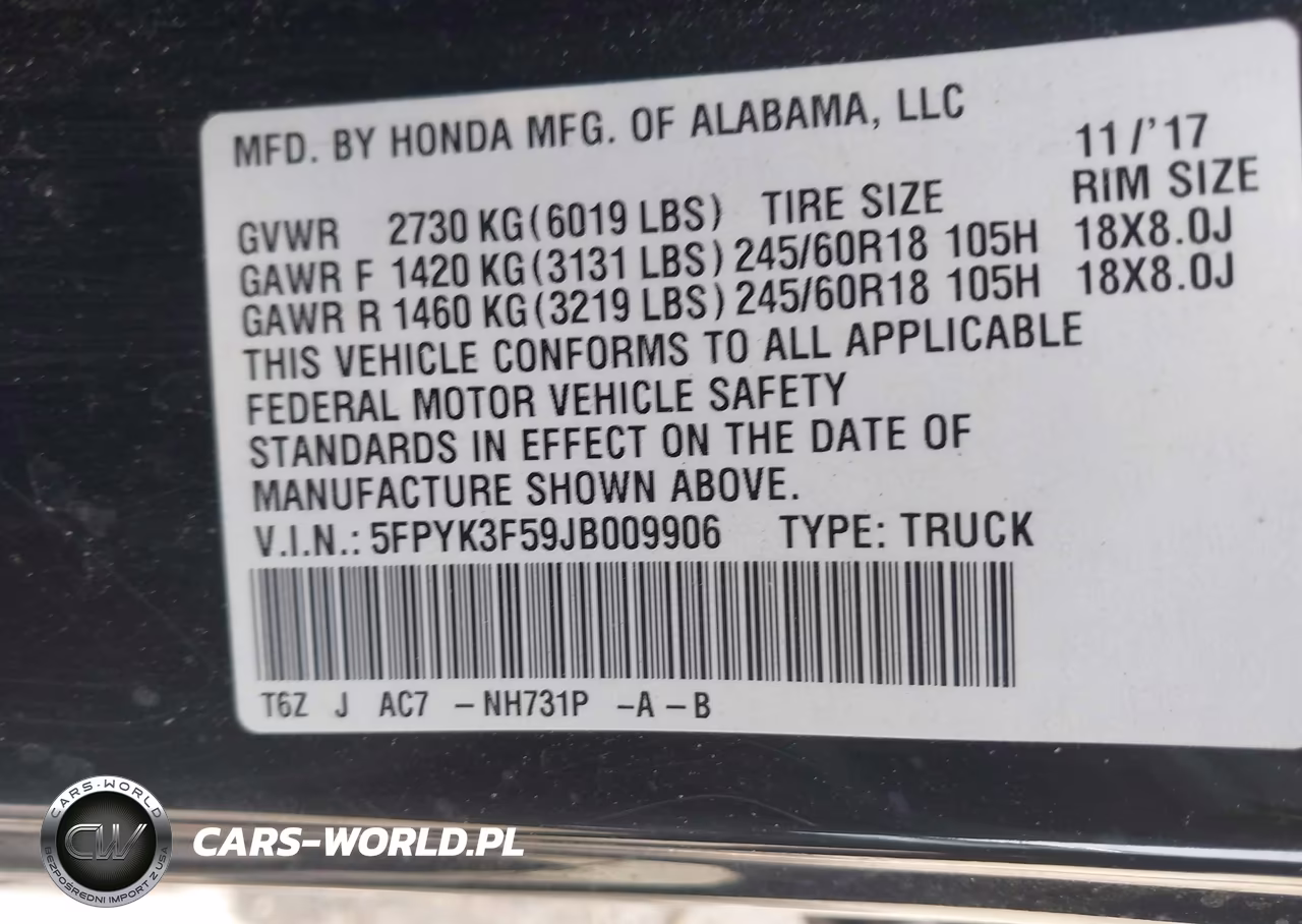 2018 Honda Ridgeline Rtl VIN:5FPYK3F59JB009906 - 9