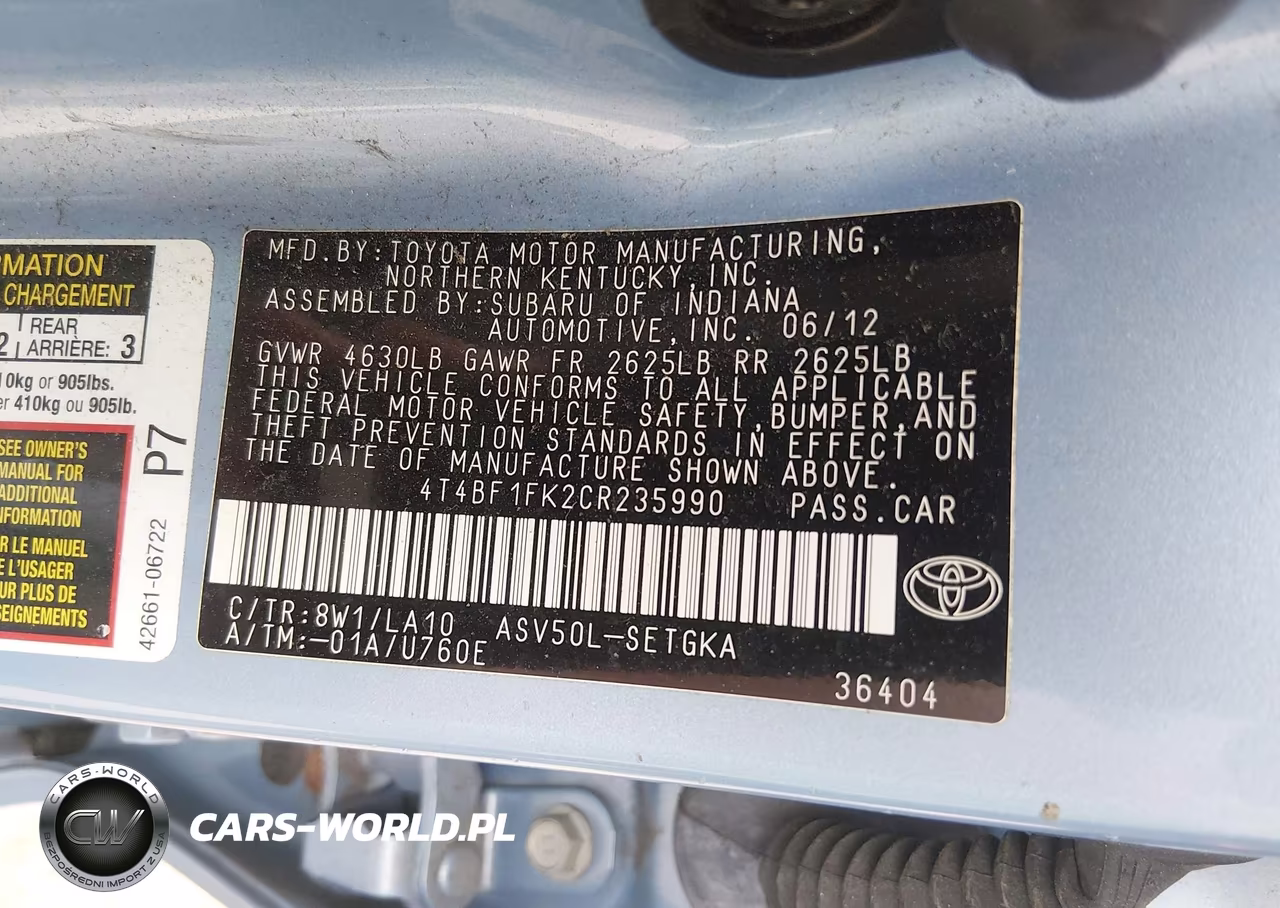 2012 Toyota Camry Xle VIN:4T4BF1FK2CR235990 - 9