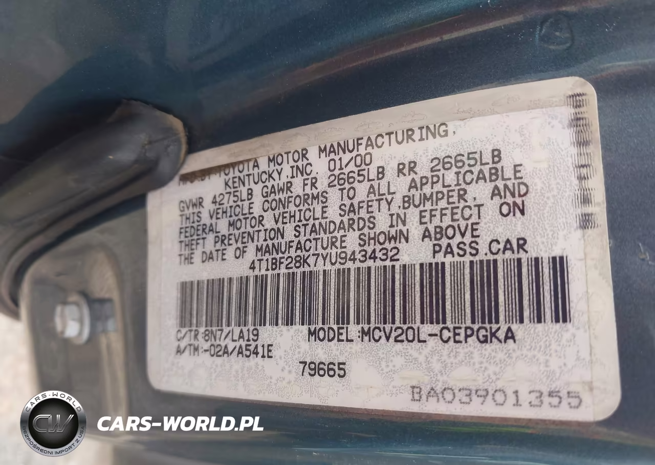 2000 Toyota Camry Xle V6 VIN:4T1BF28K7YU943432 - 9