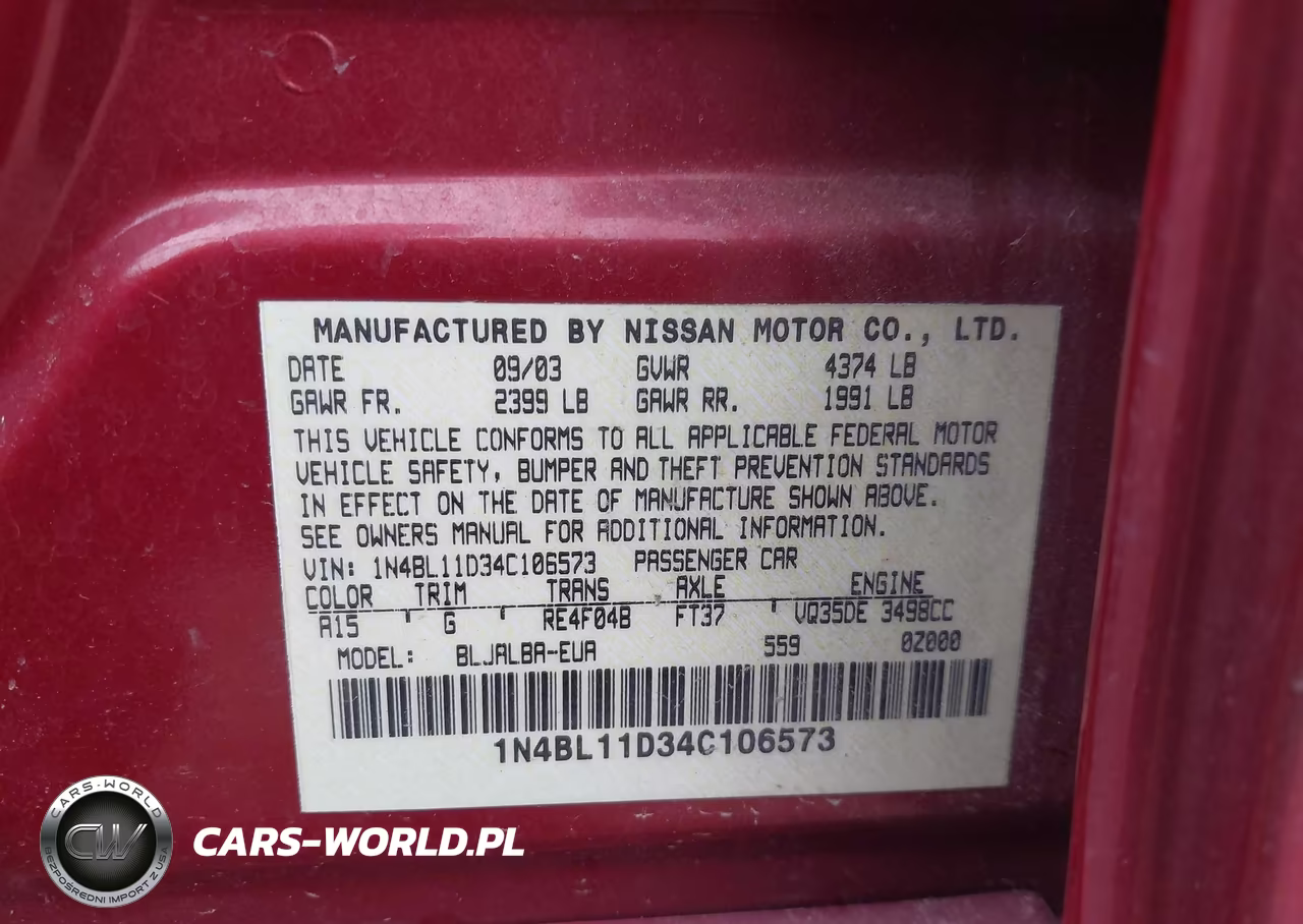 2004 Nissan Altima 3.5 Se VIN:1N4BL11D34C106573 - 9