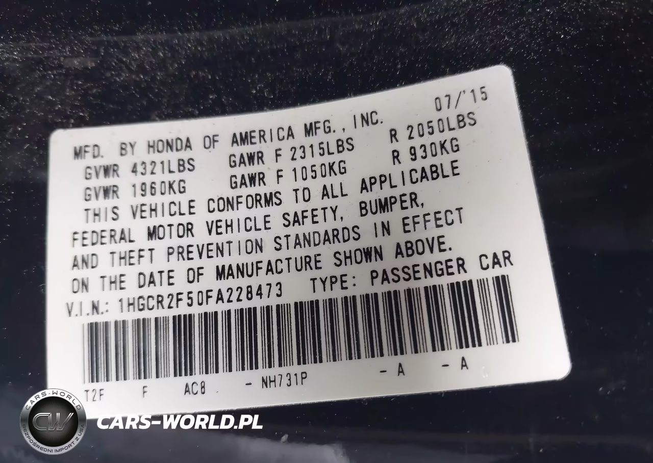 2015 Honda Accord Sport VIN:1HGCR2F50FA228473 - 9
