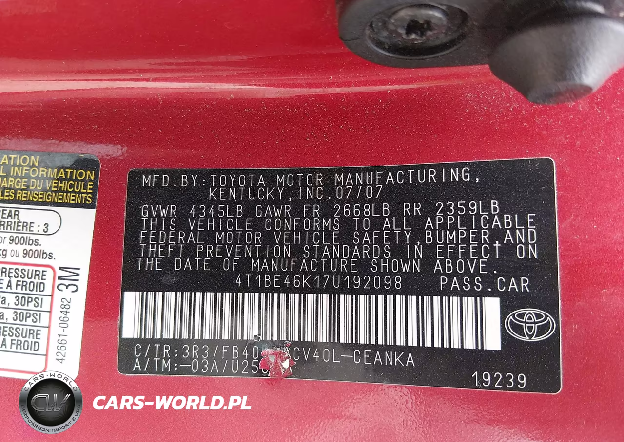 2007 Toyota Camry Le VIN:4T1BE46K17U192098 - 9