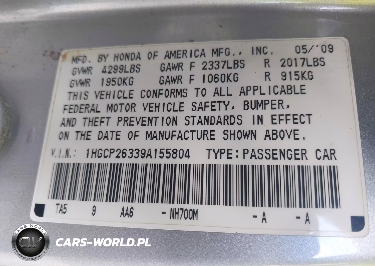 2009 Honda Accord 2.4 Lx VIN:1HGCP26339A155804 - 9