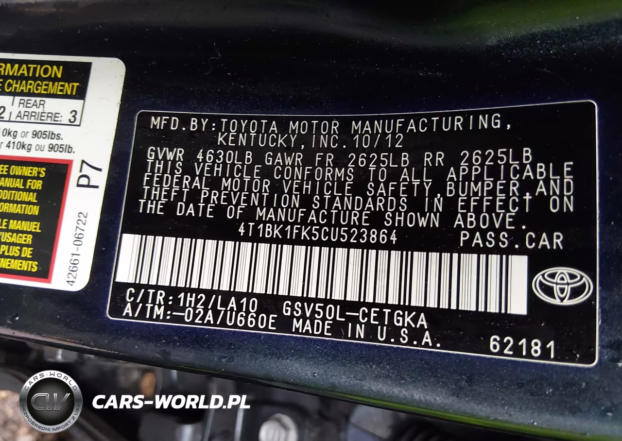 2012 Toyota Camry Xle V6 VIN:4T1BK1FK5CU523864 - 9