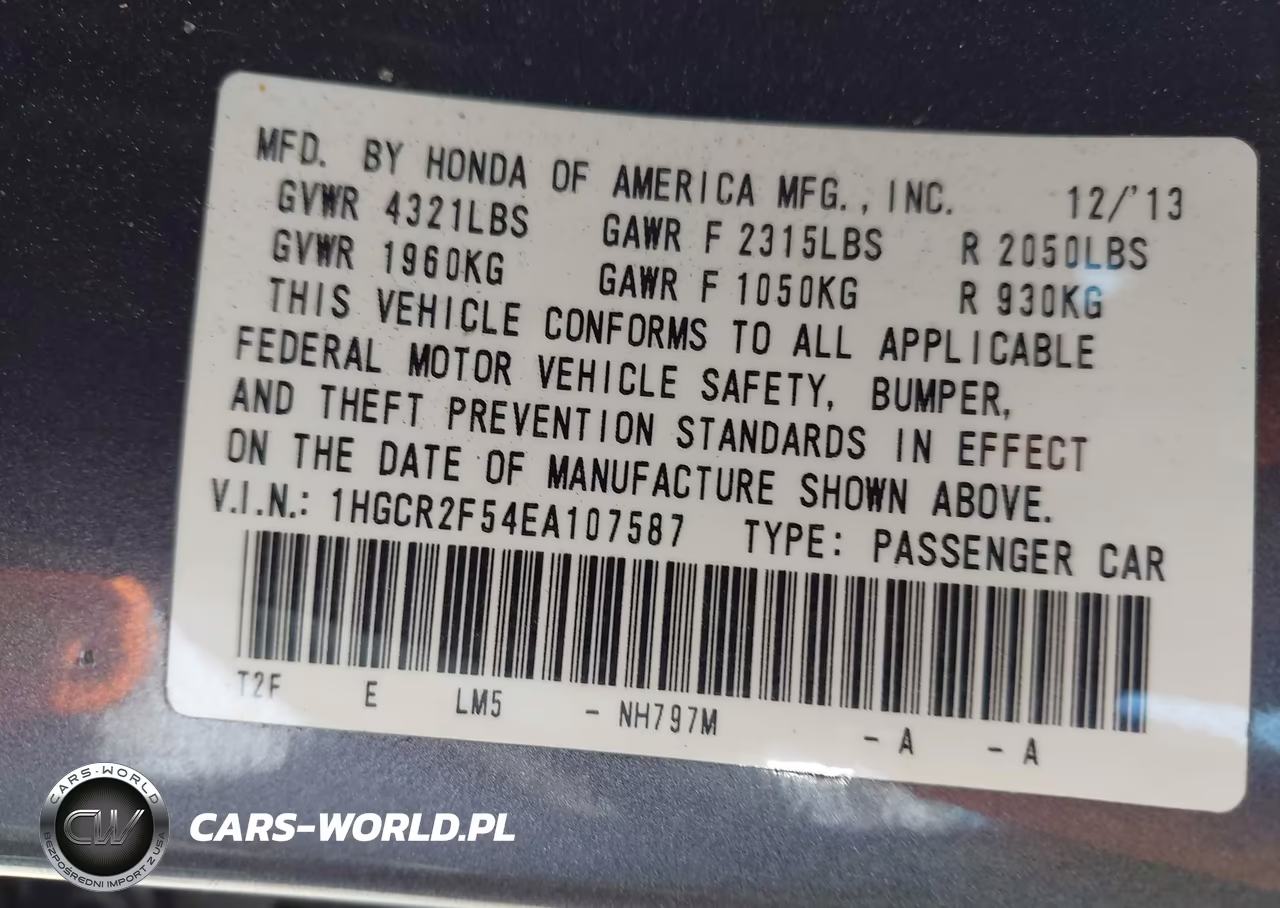 2014 Honda Accord Sport VIN:1HGCR2F54EA107587 - 9
