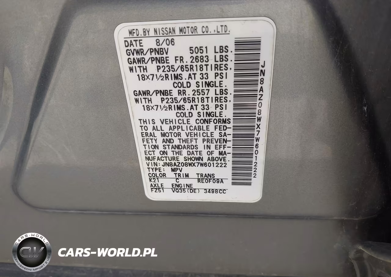 2007 Nissan Murano Sl VIN:JN8AZ08WX7W601222 - 9