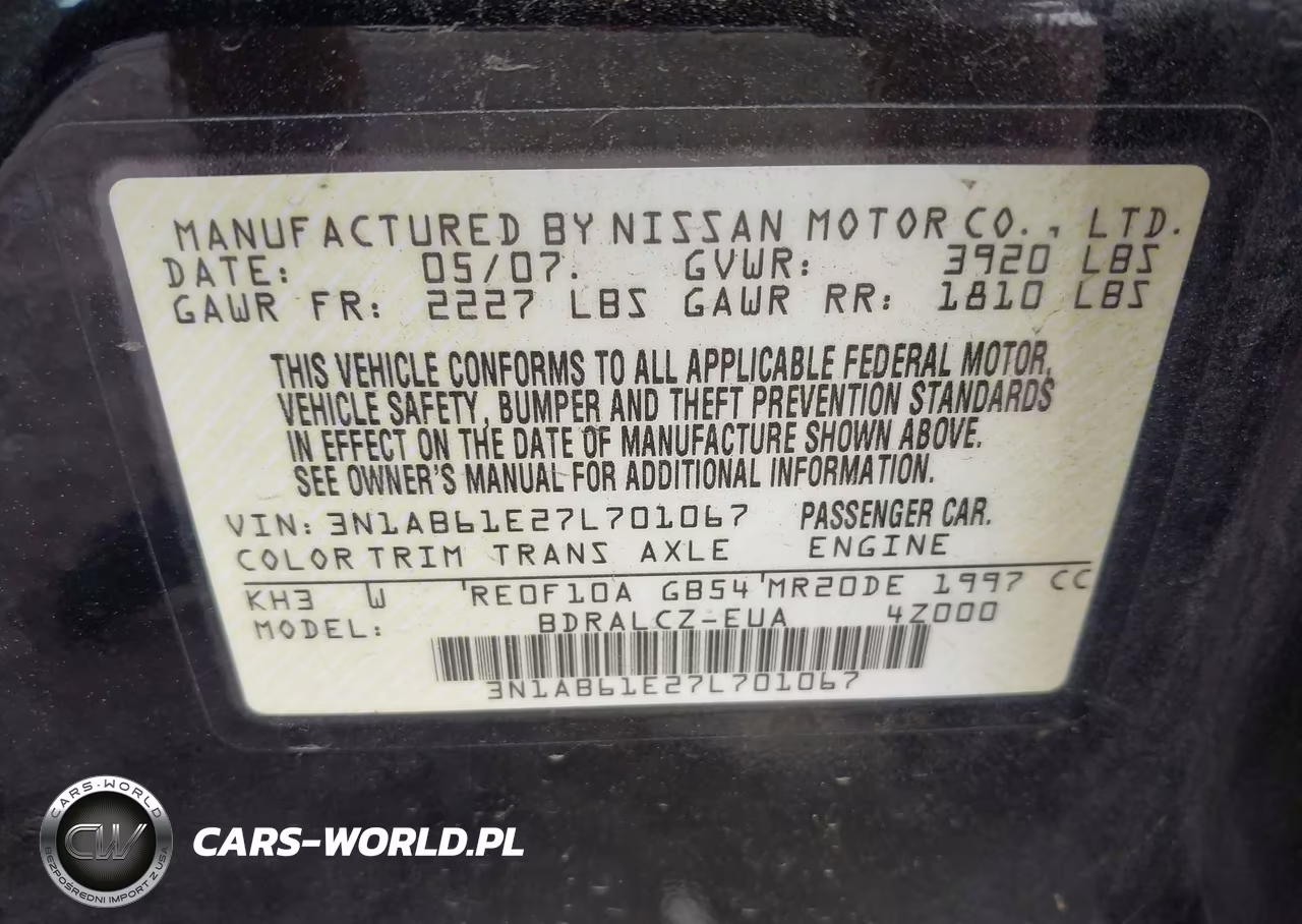 2007 Nissan Sentra 2.0 VIN:3N1AB61E27L701067 - 9