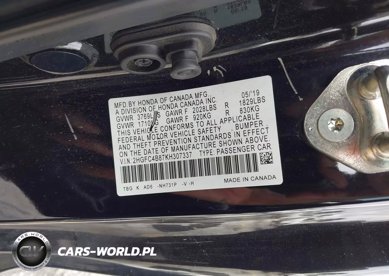 2019 Honda Civic Sport VIN:2HGFC4B87KH307337 - 9