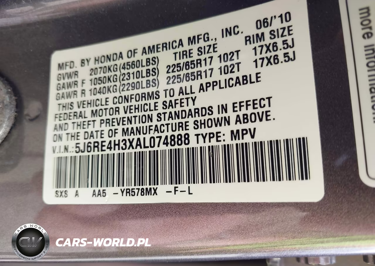 2010 Honda Cr-V Lx VIN:5J6RE4H3XAL074888 - 9