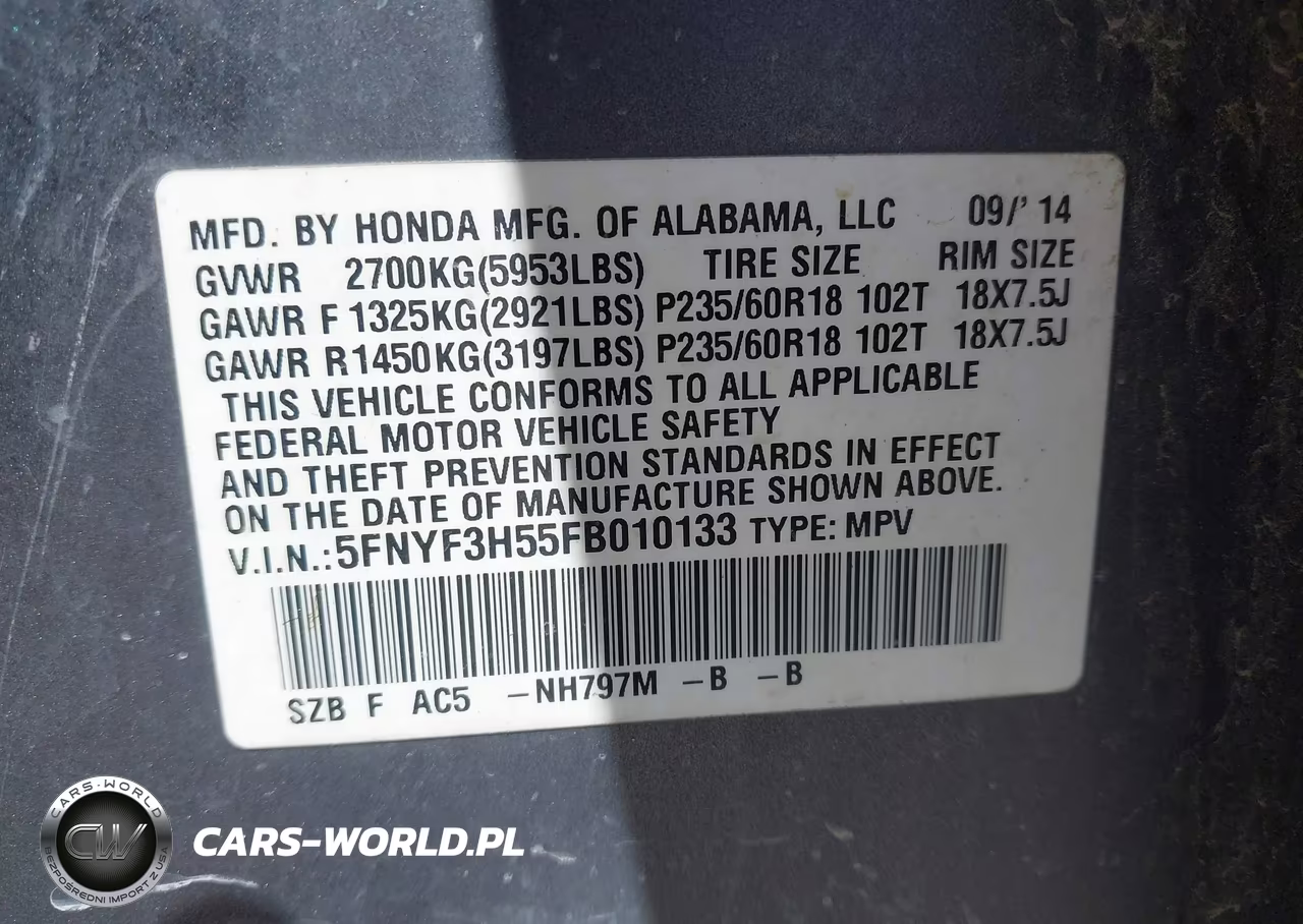 2015 Honda Pilot Ex-L VIN:5FNYF3H55FB010133 - 9