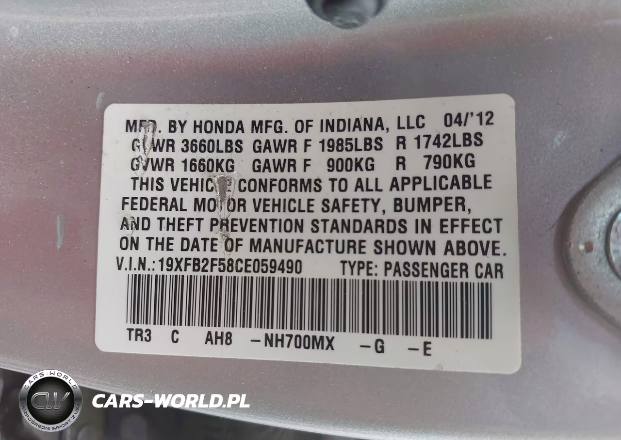 2012 Honda Civic Lx VIN:19XFB2F58CE059490 - 9
