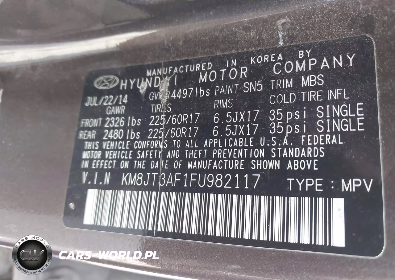 2015 Hyundai Tucson Gls VIN:KM8JT3AF1FU982117 - 9