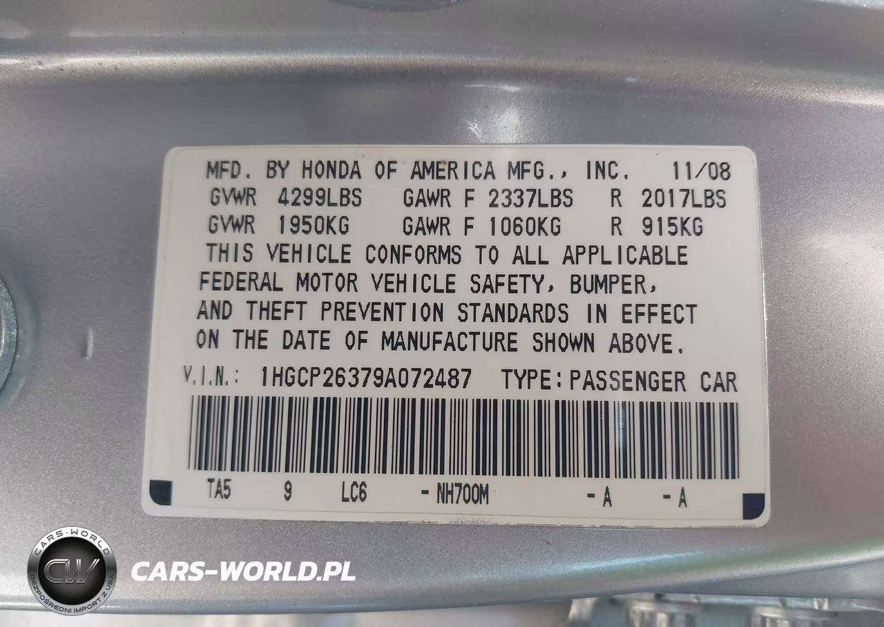 2009 Honda Accord 2.4 Lx VIN:1HGCP26379A072487 - 9