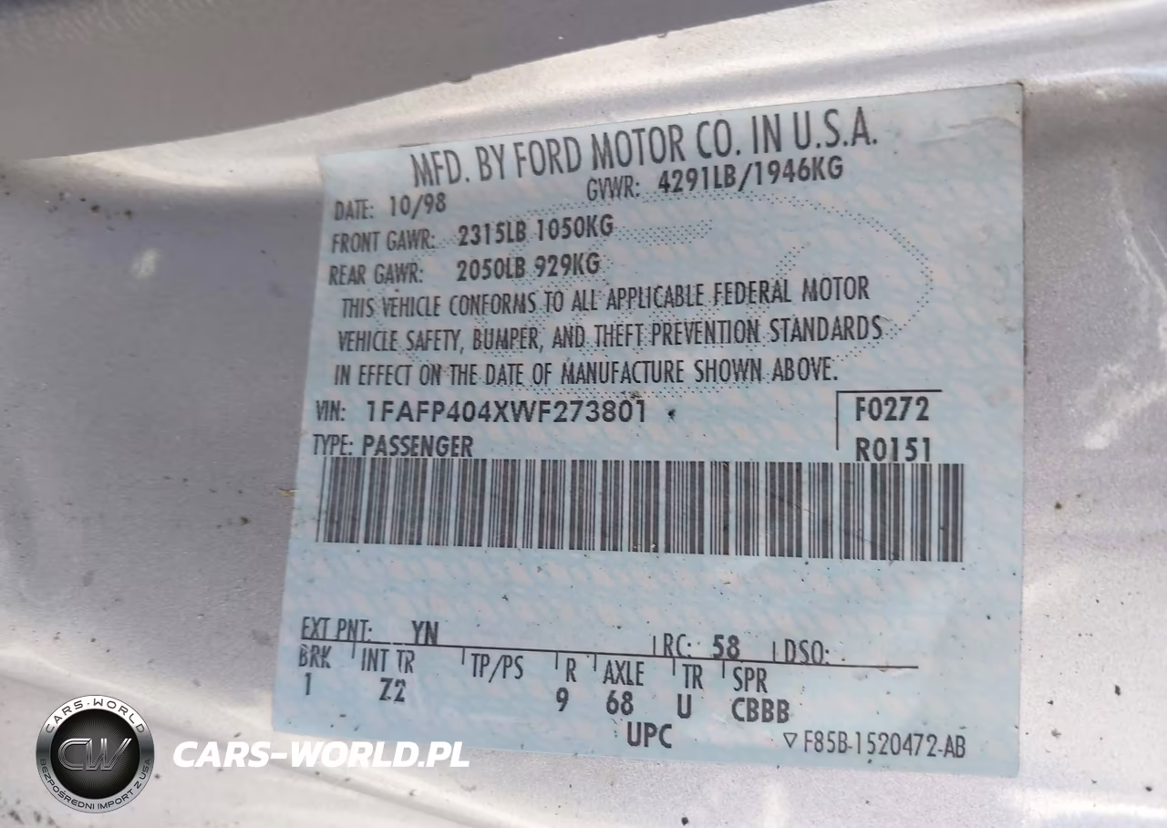 1998 Ford Mustang VIN:1FAFP404XWF273801 - 9