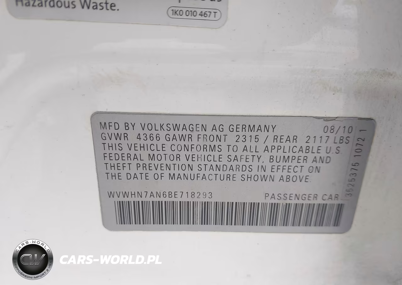 2011 Volkswagen Cc Lux Plus VIN:WVWHN7AN6BE718293 - 9