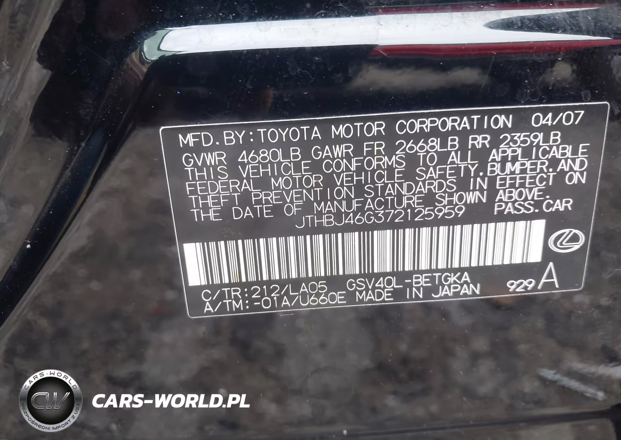 2007 Lexus Es 350 VIN:JTHBJ46G372125959 - 9