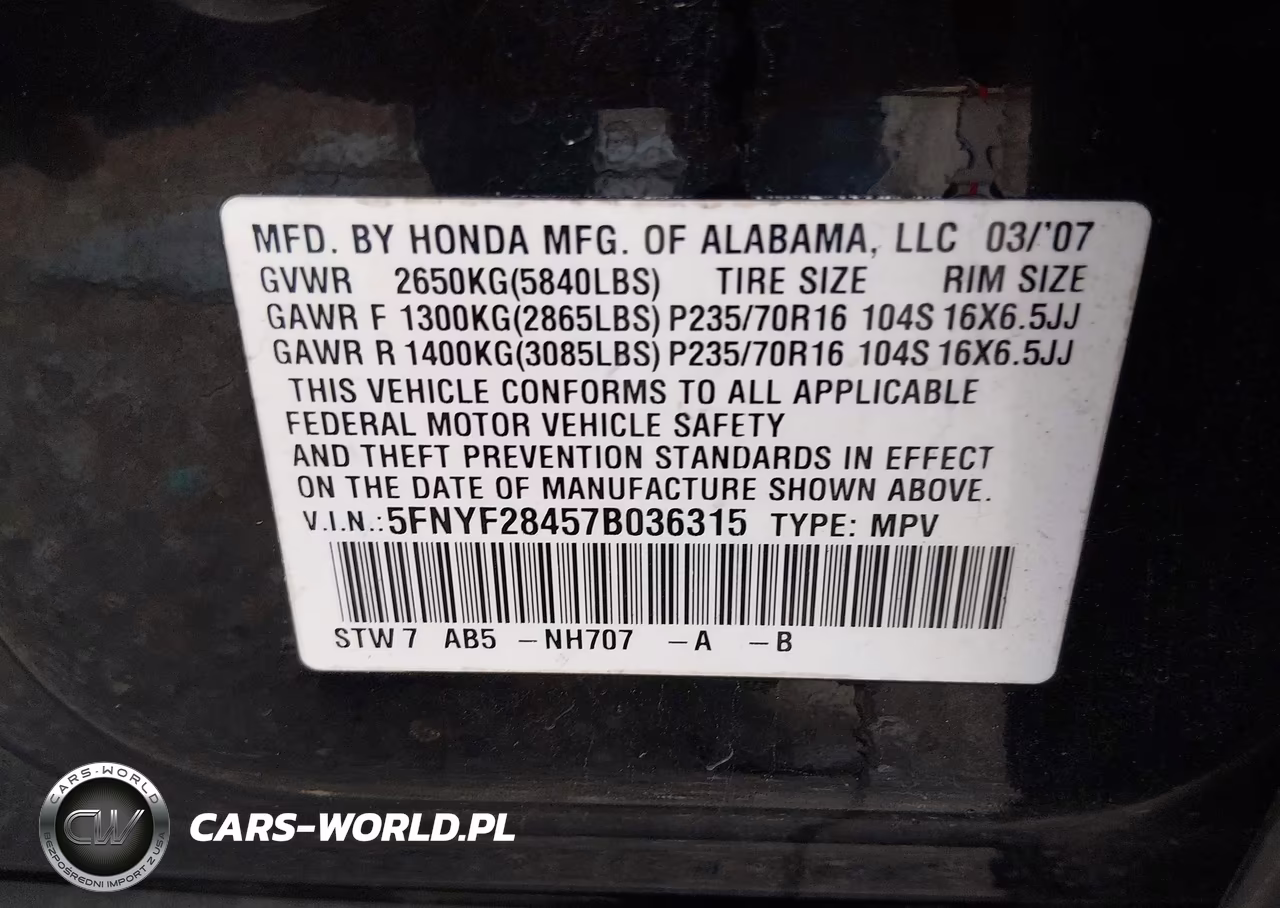 2007 Honda Pilot Ex VIN:5FNYF28457B036315 - 9
