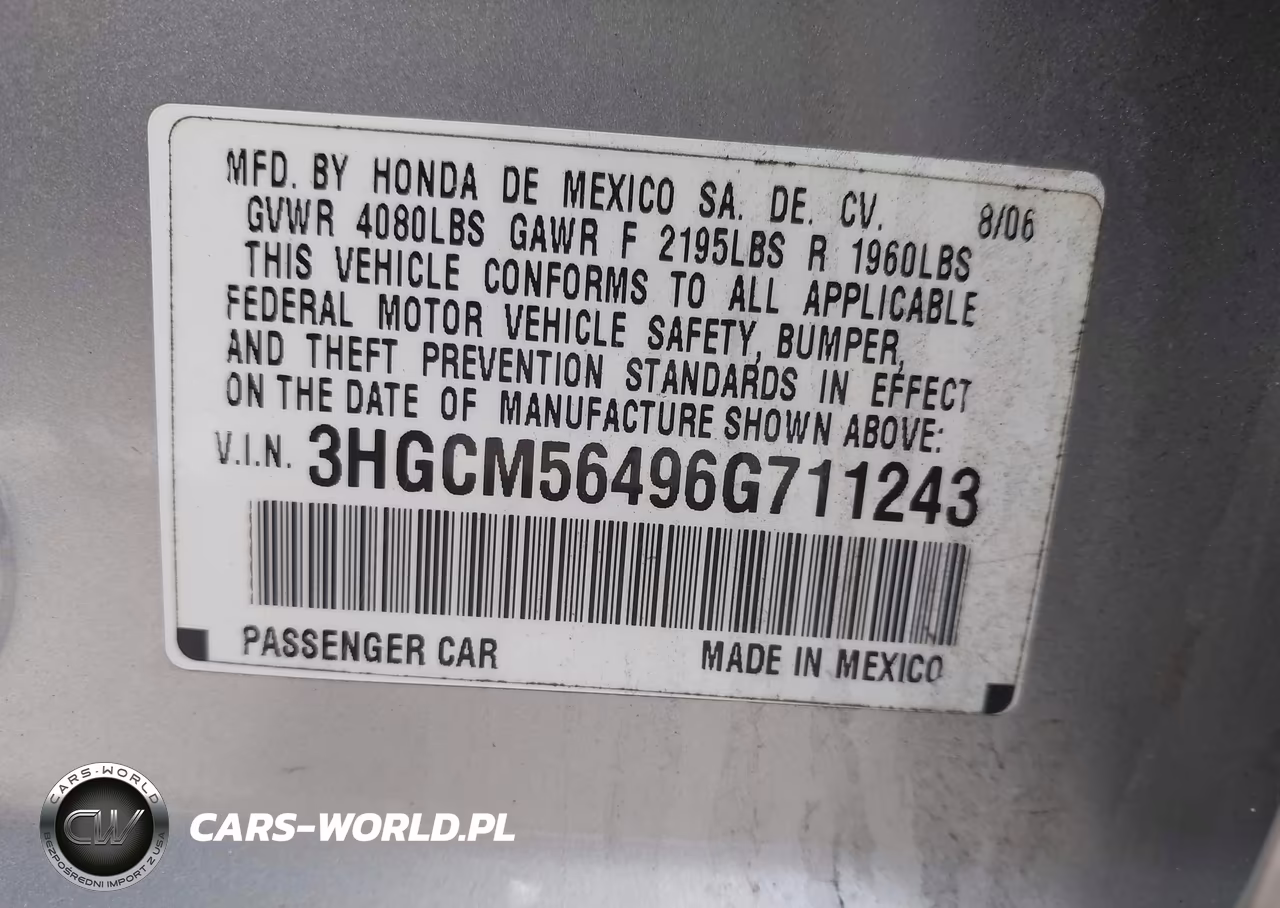 2006 Honda Accord 2.4 Lx VIN:3HGCM56496G711243 - 9