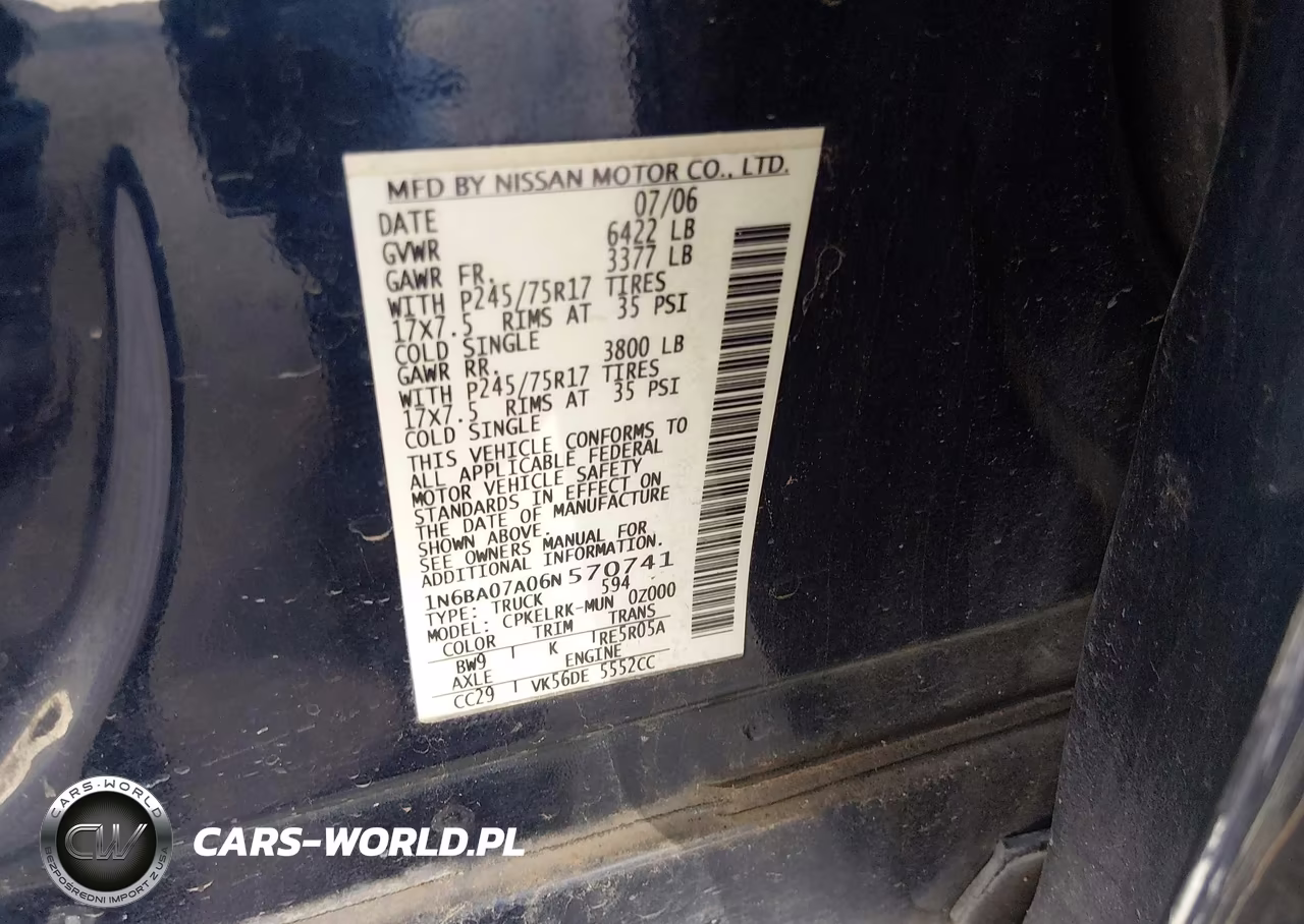 2006 Nissan Titan Xe VIN:1N6BA07A06N570741 - 9