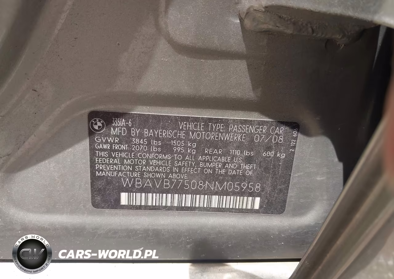 2008 BMW 335I VIN:WBAVB77508NM05958 - 9