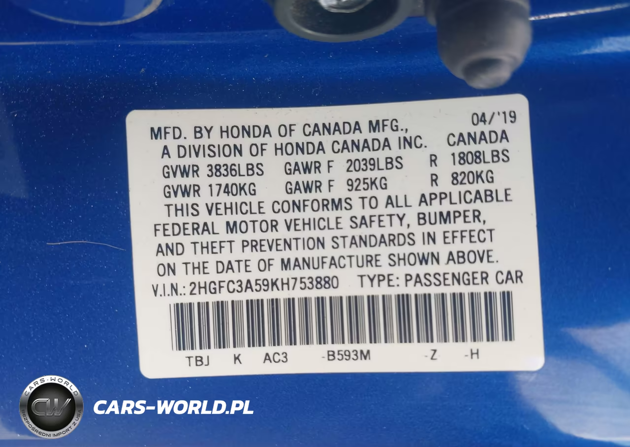 2019 Honda Civic Si VIN:2HGFC3A59KH753880 - 9