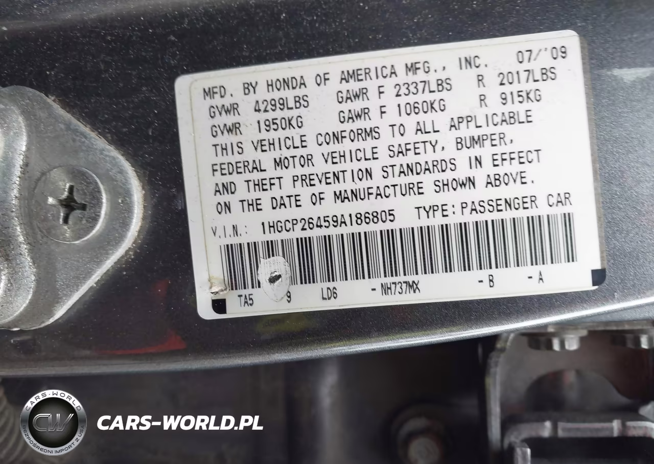 2009 Honda Accord 2.4 Lx-P VIN:1HGCP26459A186805 - 9