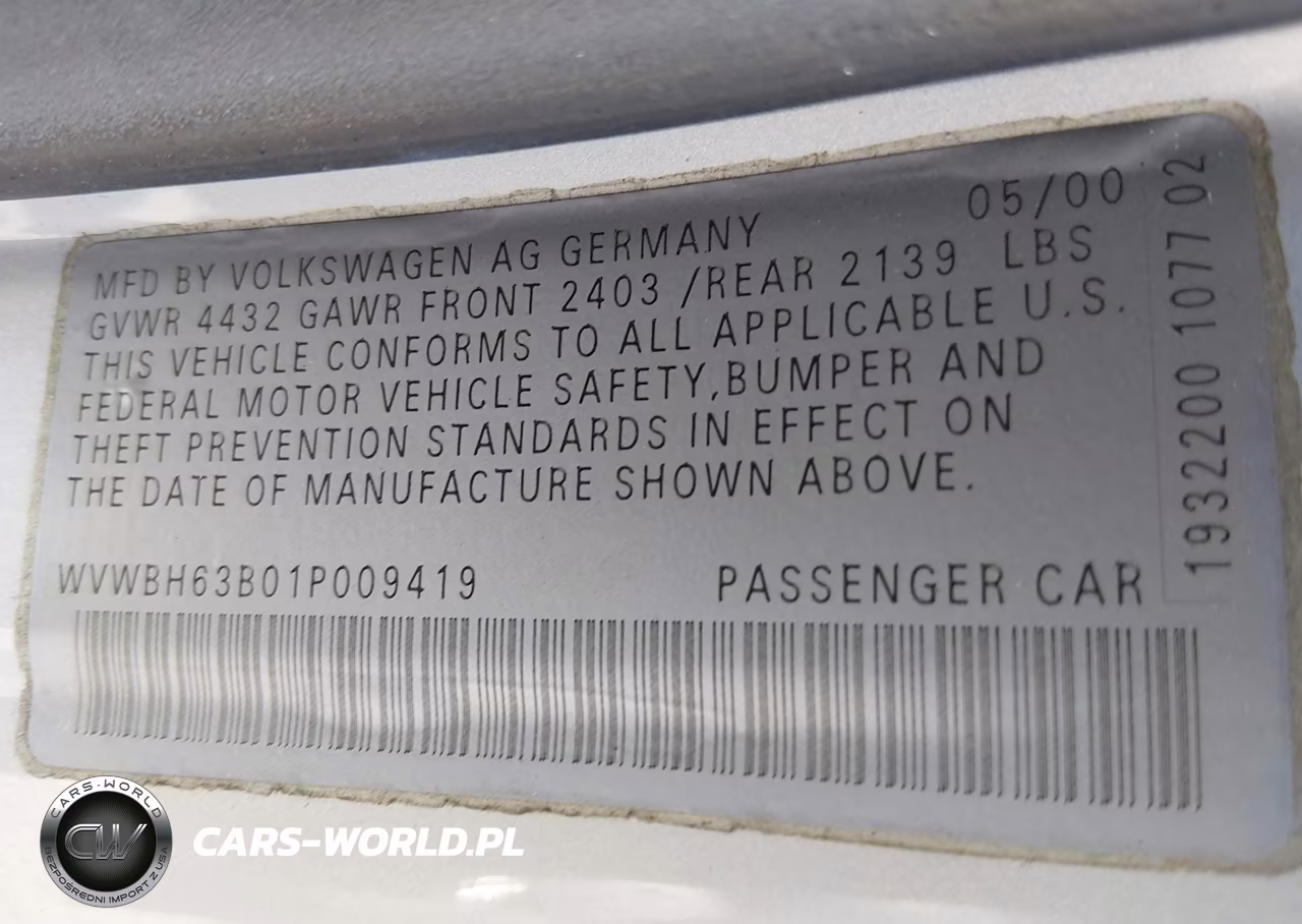 2001 Volkswagen Passat Glx VIN:WVWBH63B01P009419 - 9