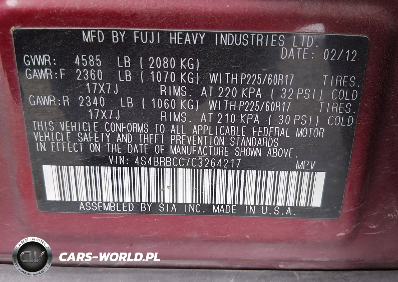 2012 Subaru Outback 2.5I Premium VIN:4S4BRBCC7C3264217 - 9