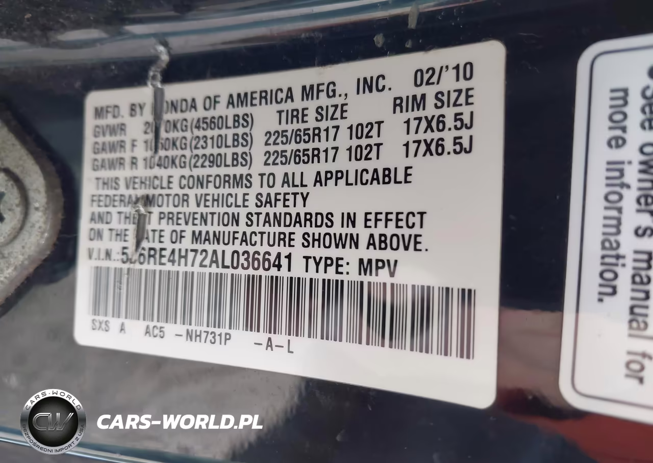 2010 Honda Cr-V Ex-L VIN:5J6RE4H72AL036641 - 9
