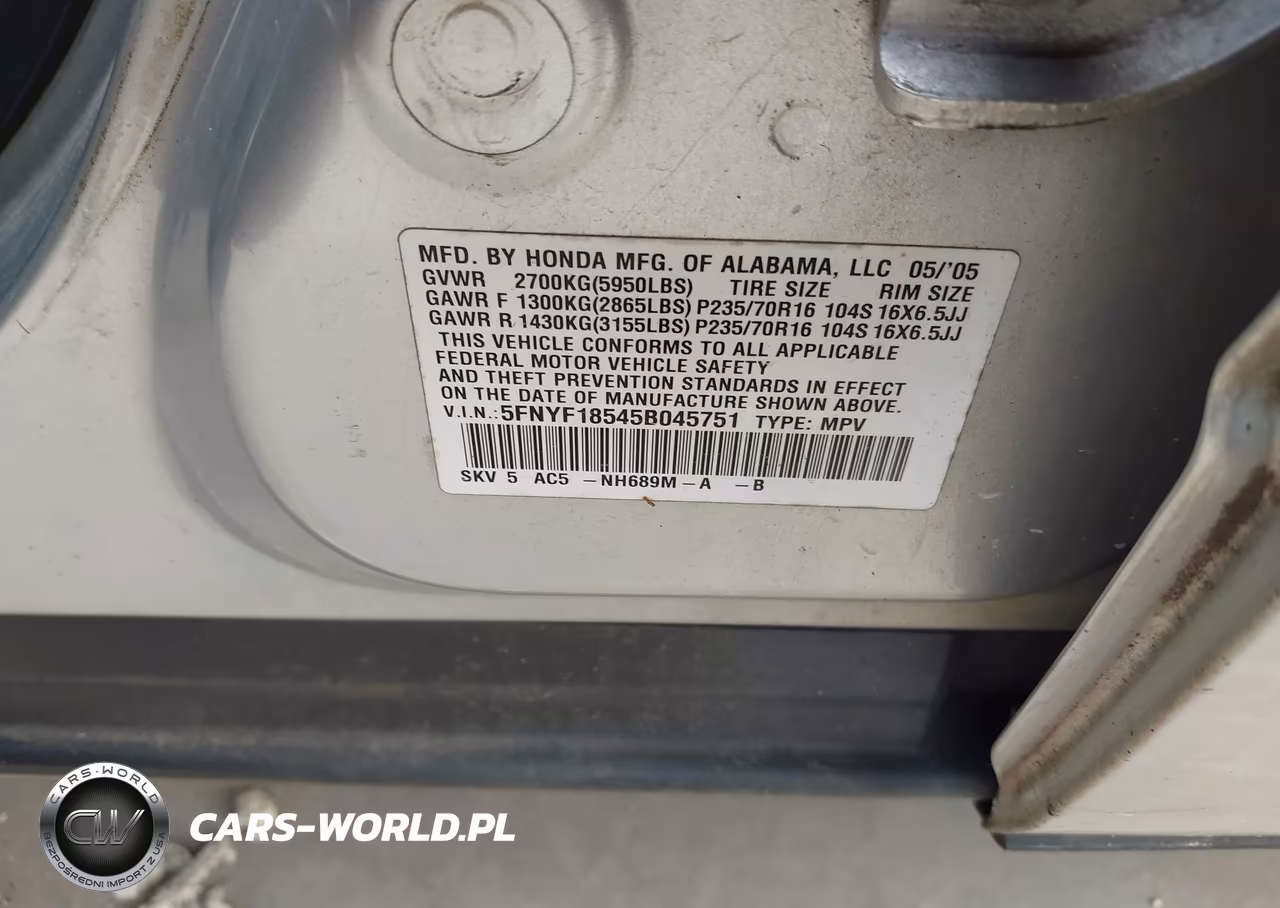 2005 Honda Pilot Ex-L VIN:5FNYF18545B045751 - 9