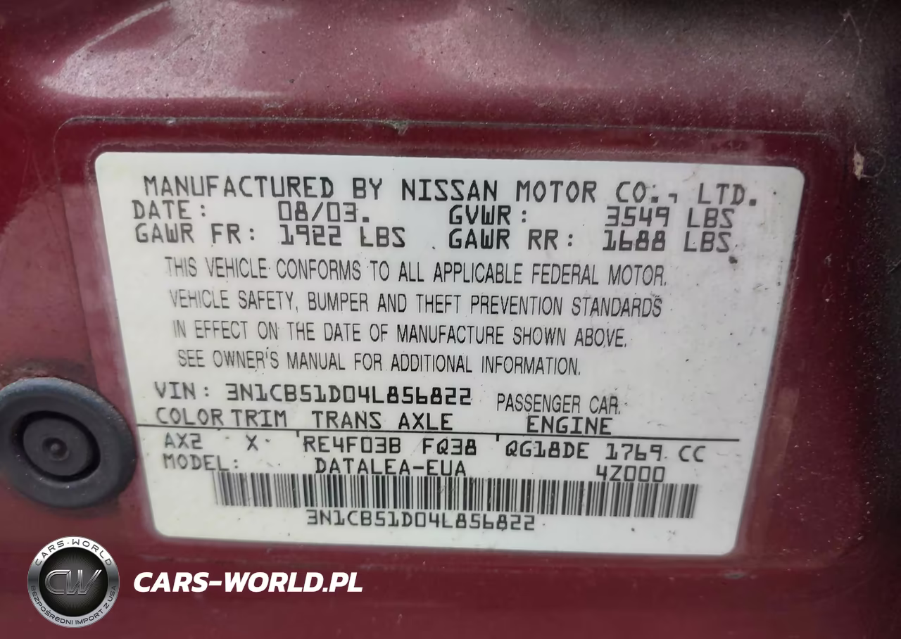 2004 Nissan Sentra 1.8S VIN:3N1CB51D04L856822 - 9
