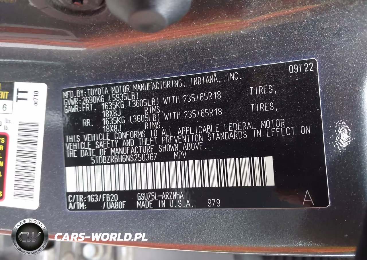 2022 Toyota Highlander Le VIN:5TDBZRBH6NS250367 - 9