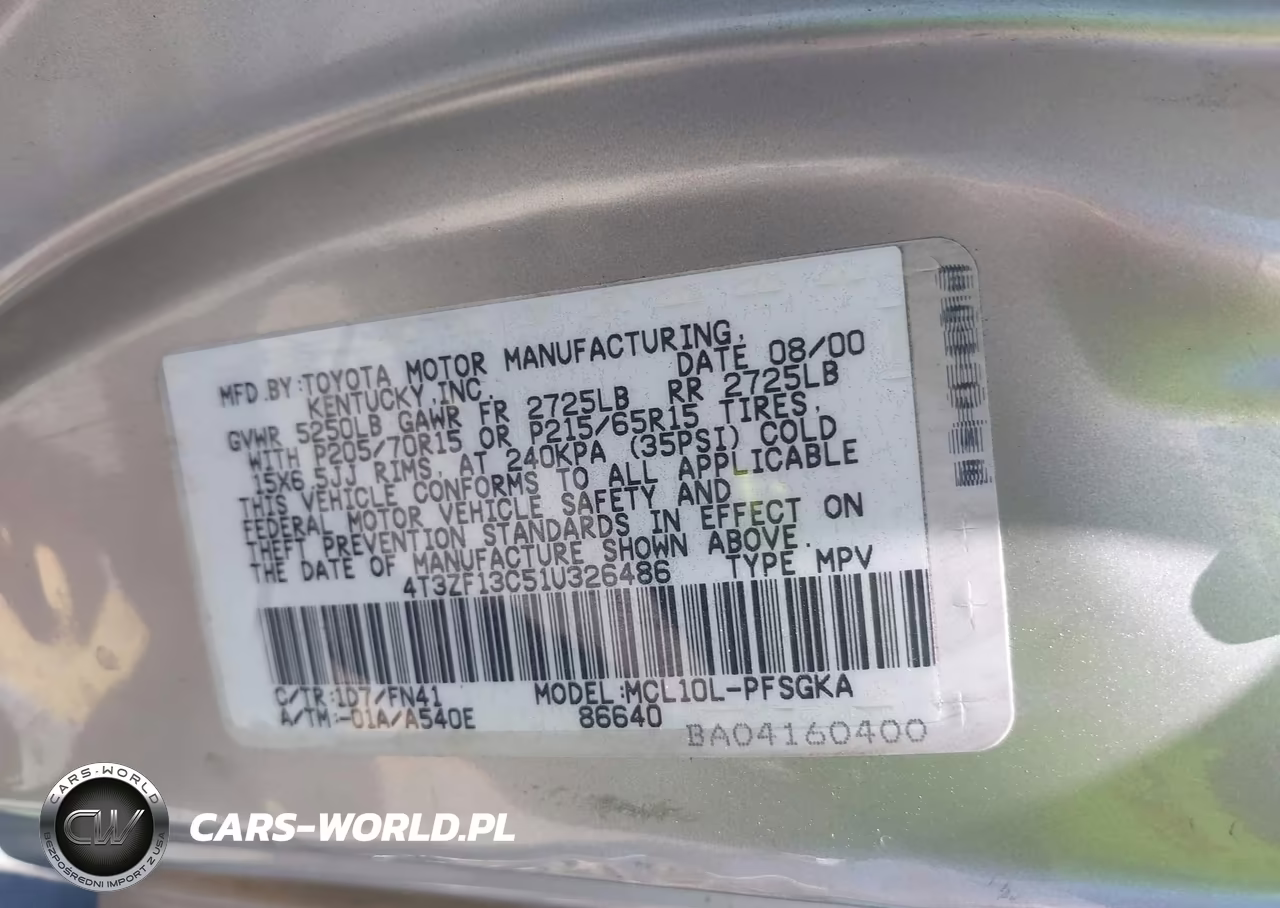 2001 Toyota Sienna Le VIN:4T3ZF13C51U326486 - 9