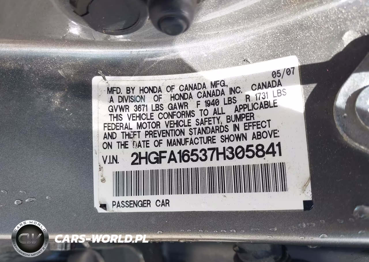 2007 Honda Civic Lx VIN:2HGFA16537H305841 - 9