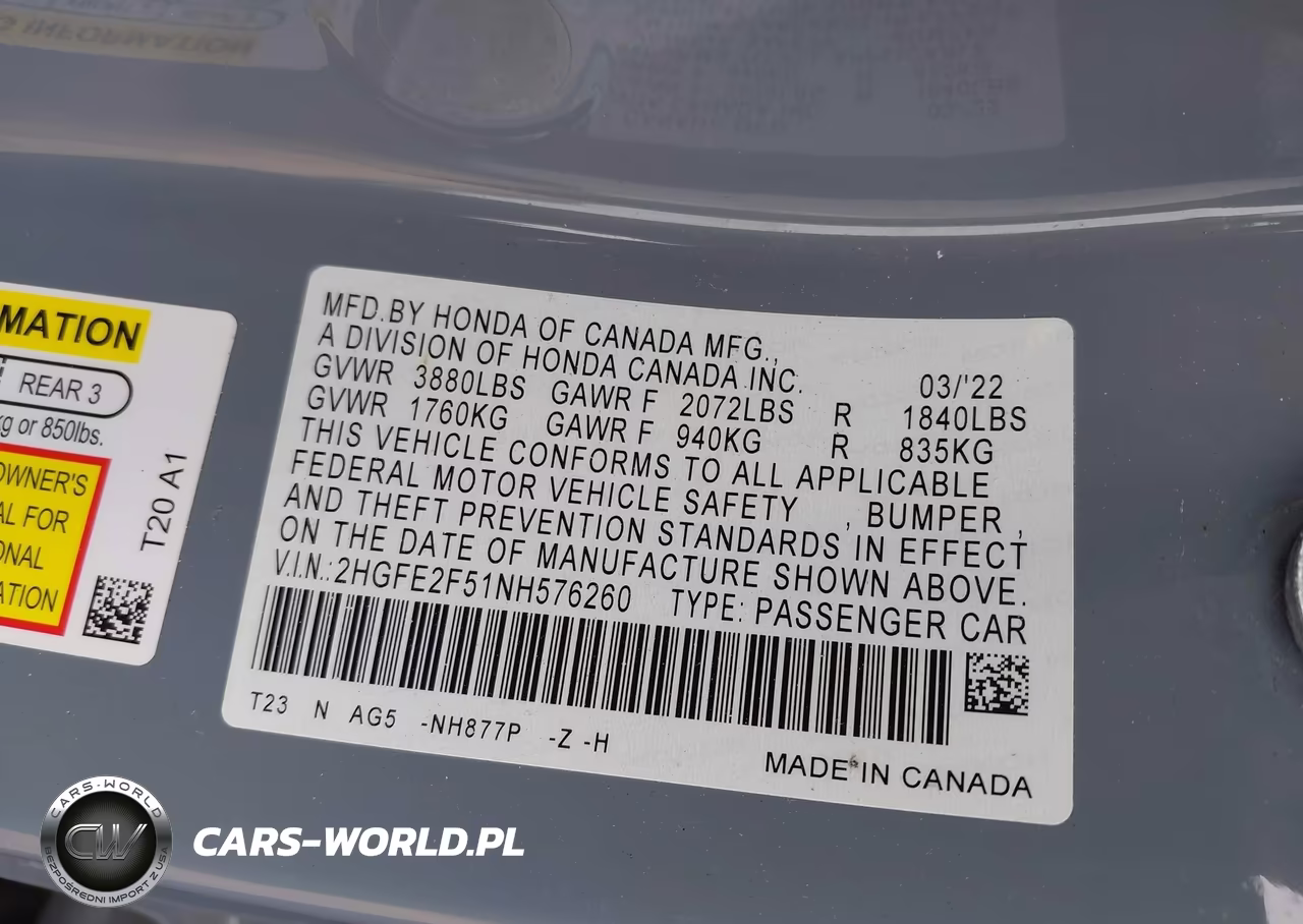 2022 Honda Civic Sport VIN:2HGFE2F51NH576260 - 9