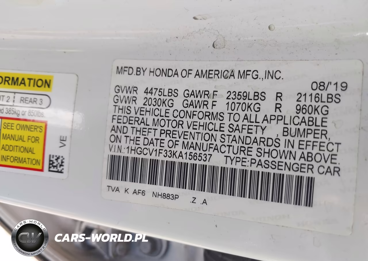 2019 Honda Accord Sport VIN:1HGCV1F33KA156537 - 9