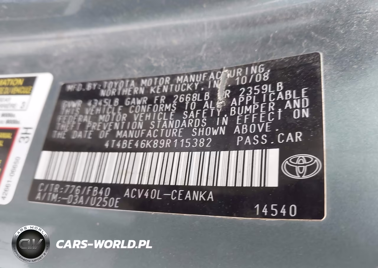 2009 Toyota Camry Le VIN:4T4BE46K89R115382 - 9