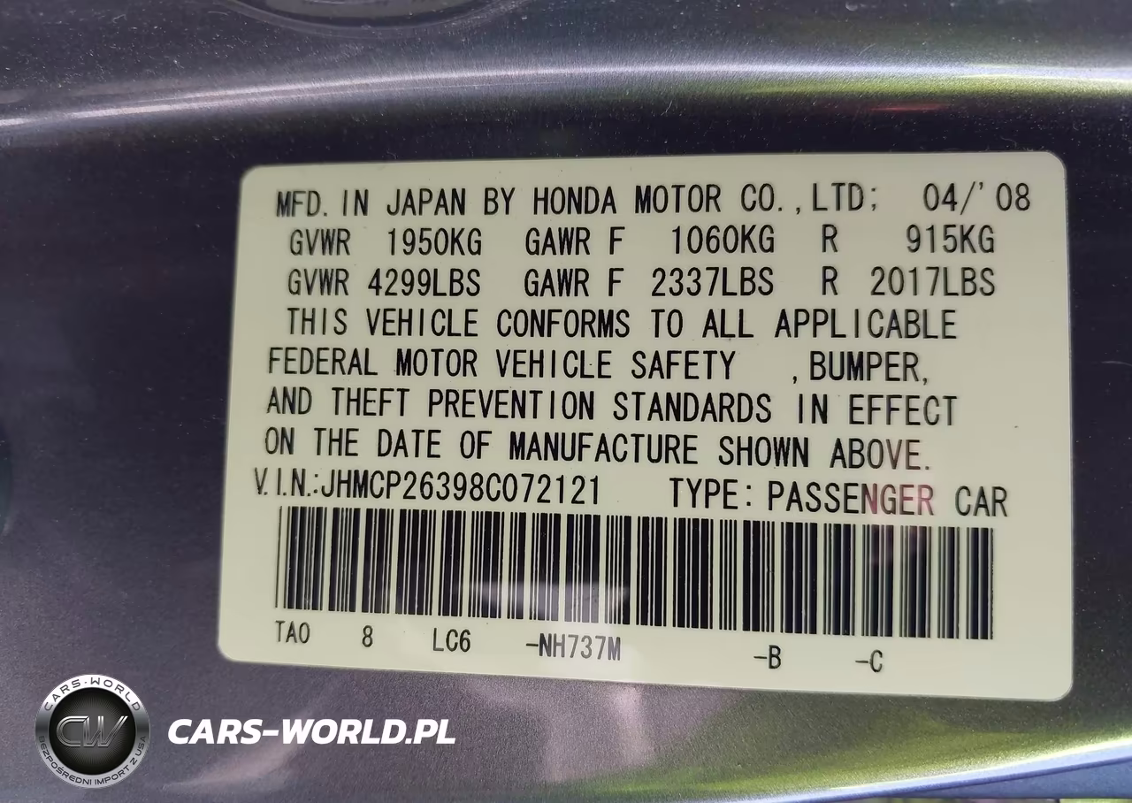 2008 Honda Accord 2.4 Lx VIN:JHMCP26398C072121 - 9