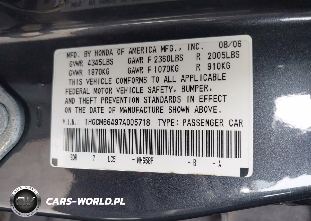 2007 Honda Accord 3.0 Se VIN:1HGCM66497A005718 - 9