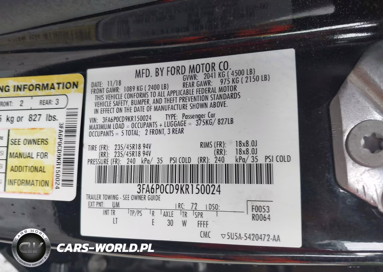 2019 Ford Fusion Sel VIN:3FA6P0CD9KR150024 - 9