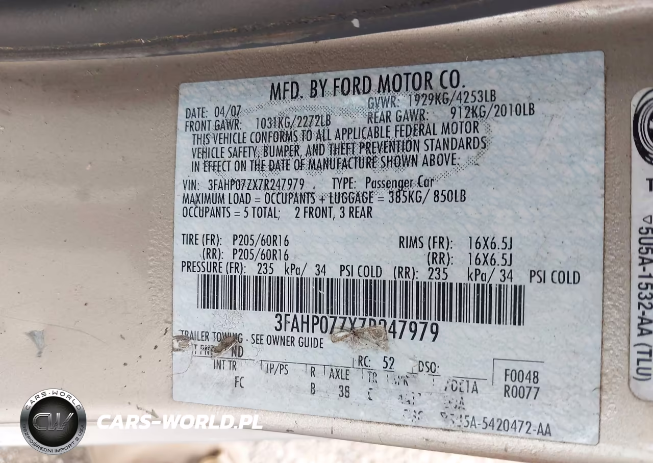 2007 Ford Fusion Se VIN:3FAHP07ZX7R247979 - 9