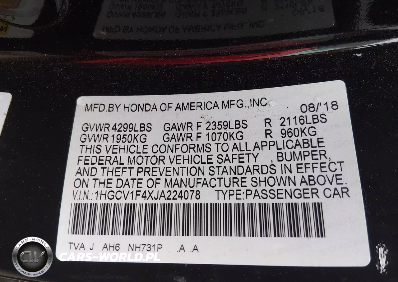 2018 Honda Accord Ex VIN:1HGCV1F4XJA224078 - 9